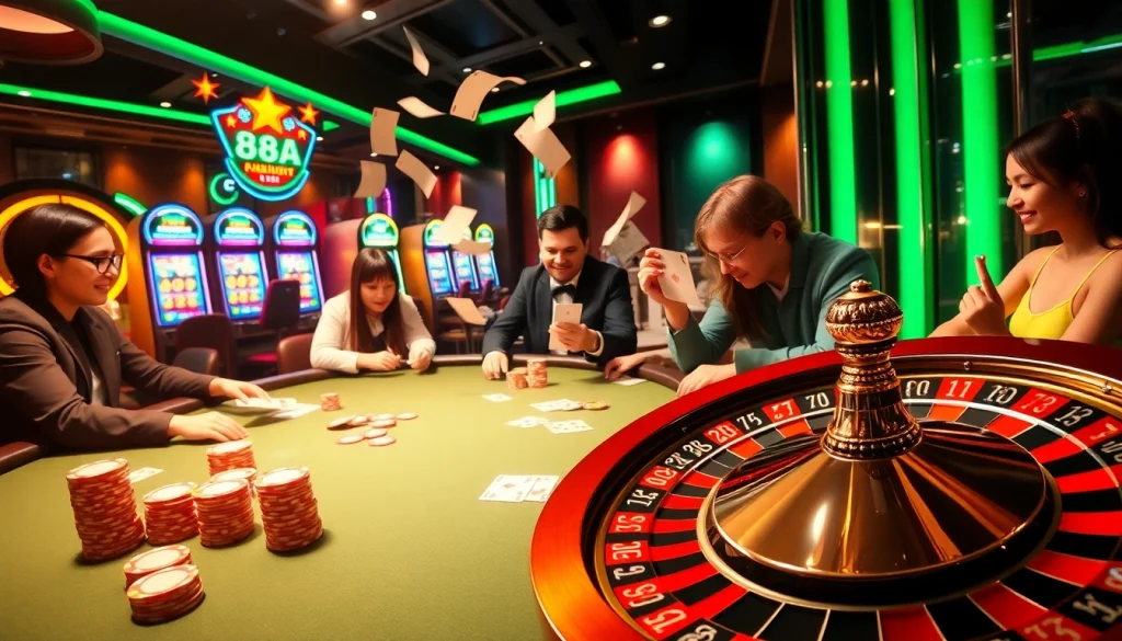 "88AA đăng nhập to an exciting online casino table featuring poker chips and players in action."