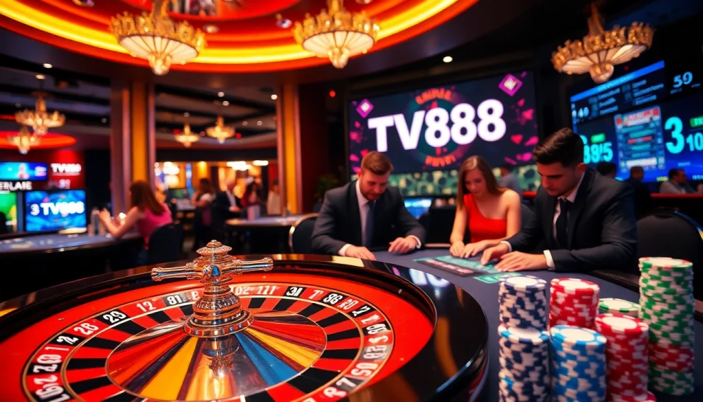 TV88 casino scene with roulette wheel, poker chips, and players enjoying thrilling gambling action.