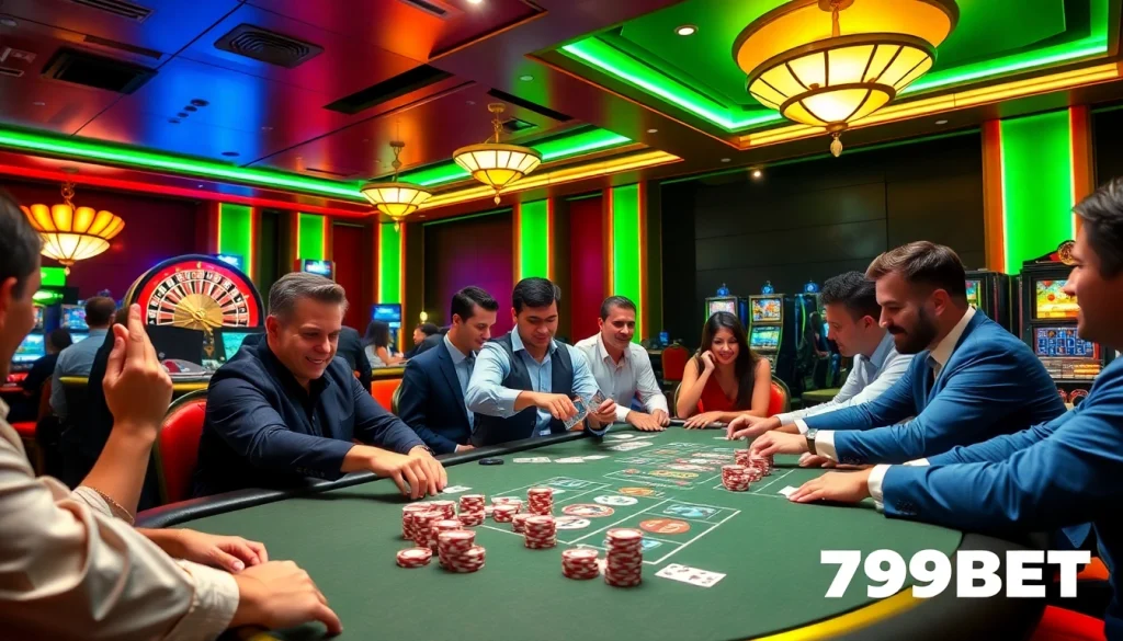 Intense poker gameplay at 789BET casino, with bright chips and a dealer shuffling cards.
