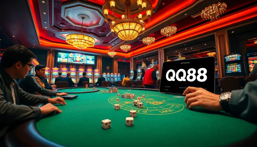 Experience thrilling casino action at QQ88 with poker chips and dice on vibrant tables.