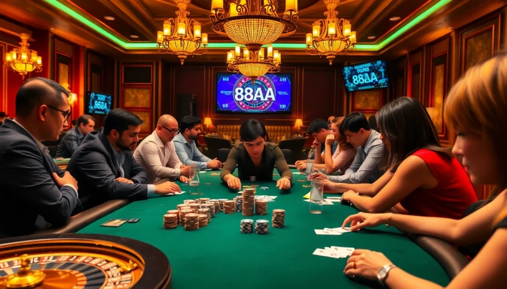 88AA đăng nhập - Engaged players at a high-stakes poker table, surrounded by casino excitement.