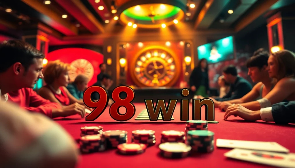 Players experiencing high-stakes thrills at a poker table in a luxurious casino setting, aiming for a 98 win.