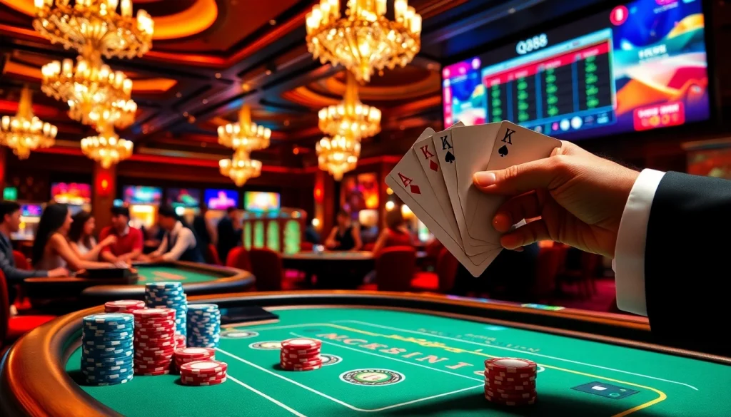 A lively casino scene at night showcasing gameplay at https://qq88.to/, with vibrant tables and eager players.